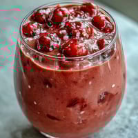 A tall glass of Cherry Almond Smoothie, garnished with sliced almonds and frozen tart cherries, sitting on a wooden table.