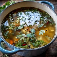 Homemade Vegetable Broth From Scraps simmering in a large pot with aromatics, filling the kitchen with a nourishing scent.
