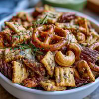 Golden-baked Everything Ranch Cheese and Pretzel Snack Mix with cheddar crackers, cashews, and rye chips on a platter.