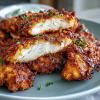 Golden, crispy Turmeric Chicken Tenders rest on a white plate with a creamy yogurt dip and lemon wedges.