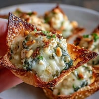 Golden-baked wonton cups brimming with creamy feta and wilted spinach, seasoned with lemon zest and herbs.