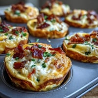 A close-up of golden-brown Breakfast Egg Muffins, showcasing melted cheddar and crispy bacon pieces peeking out of fluffy, baked egg cups.