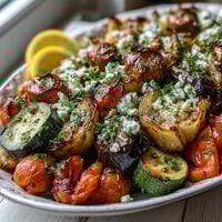 Golden roasted Mediterranean Greek vegetables on a white platter, garnished with crumbled feta and fresh parsley, served warm.  