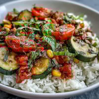 Close-up of a colorful Summer Vegetable Bowl packed with sautéed zucchini, red and yellow bell peppers, sweet corn, and juicy tomatoes over fluffy rice.