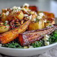 Roasted Winter Root Vegetable Bowl with kale and crumbled feta, drizzled with warm Dijon dressing.
