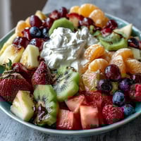 Vibrant rainbow fruit platter with coconut whipped cream, perfect for healthy brunch or party dessert.