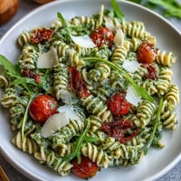 Summer Pasta Salad with Pesto and Cherry Tomatoes, tossed with al dente pasta and fresh basil pesto, topped with juicy cherry tomatoes and parmesan.