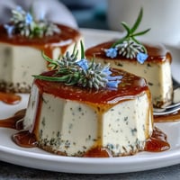 Silky honey lavender panna cotta with delicate floral notes, served in a glass and topped with fresh berries and a honey drizzle.