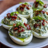 Caprese Deviled Eggs with Basil Oil and Tomato, topped with fresh mozzarella and cherry tomatoes, served as a colorful appetizer.