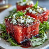 Colorful watermelon feta arugula salad garnished with balsamic glaze and fresh mint.